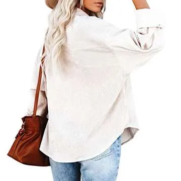 Beafeimei Womens Corduroy Shirts Casual Long Sleeve Solid Color Button Down Collared Shirt Jacket Tops Blouse with Pockets (White, M)