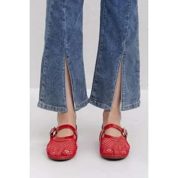 Adolilove Mesh Ballet Flats for Women Comfort Work Flats for Women Office Dressy Wedding Mesh Mary Jane Flats, Red, Size 7.5