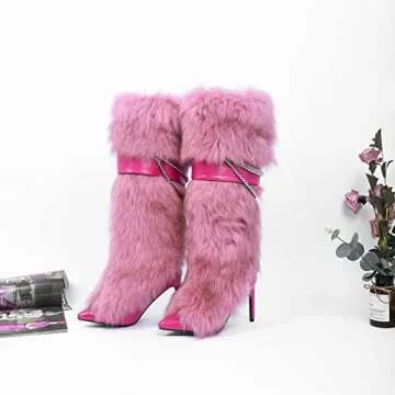 Ouwilov Faux Fur Knee-High Boots for Women Wide Calf Pink Metallic Chain Detail High Stiletto Heels ...