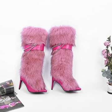 Ouwilov Faux Fur Knee-High Boots for Women Wide Calf Pink Metallic Chain Detail High Stiletto Heels Warm Plush Winter Snow Boots for Evening Wear
