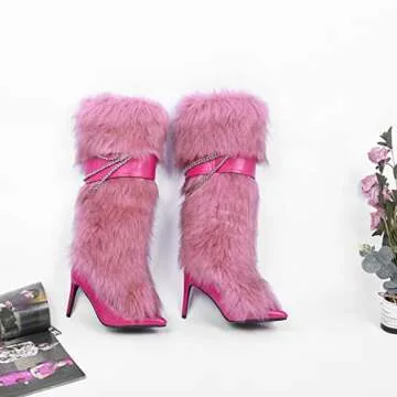 Ouwilov Faux Fur Knee-High Boots for Women Wide Calf Pink Metallic Chain Detail High Stiletto Heels Warm Plush Winter Snow Boots for Evening Wear