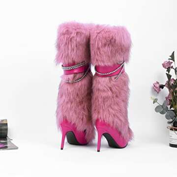 Ouwilov Faux Fur Knee-High Boots for Women Wide Calf Pink Metallic Chain Detail High Stiletto Heels Warm Plush Winter Snow Boots for Evening Wear