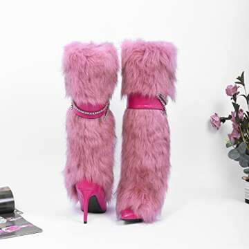 Ouwilov Faux Fur Knee-High Boots for Women Wide Calf Pink Metallic Chain Detail High Stiletto Heels Warm Plush Winter Snow Boots for Evening Wear