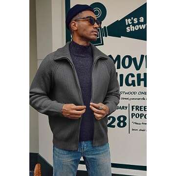 Unisex Classic Zip Up Collar Sweater Cardigan Raglan Sleeve Cardigans Dark Grey, Medium