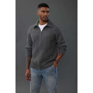 Unisex Classic Zip Up Collar Sweater Cardigan Raglan Sleeve Cardigans Dark Grey, Medium