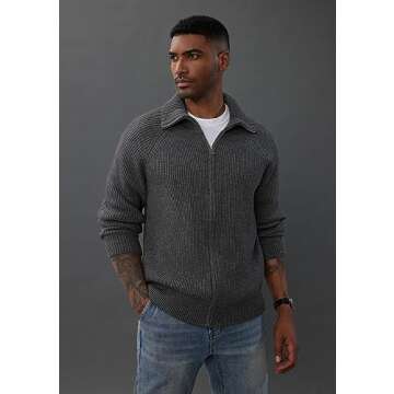 Unisex Classic Zip Up Collar Sweater Cardigan Raglan Sleeve Cardigans Dark Grey, Medium