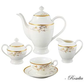 Lorren Home Trends La Luna Bone China 57-Piece 24K Gold Floral Design Dinnerware Set, Service for 8