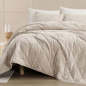SHALALA Luxury Velvet Quilt Set Queen Size,Ultra Soft Lightweight Summer Velvet Comforter Set, Oversized Bedspread Coverlet with 2 Shams Diamond Pattern,for All Season(Beige,Queen/Full)