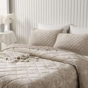 SHALALA Luxury Velvet Quilt Set Queen Size,Ultra Soft Lightweight Summer Velvet Comforter Set, Oversized Bedspread Coverlet with 2 Shams Diamond Pattern,for All Season(Beige,Queen/Full)