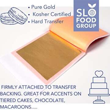 Slofoodgroup 24 Karat Edible Gold Leaf, Firm Transfer Gold Sheets (Hard Press Transfer Sheets) 25 Sheets per Book, 3.15 in. by 3. 15 in. Hard Press Transfer Sheets