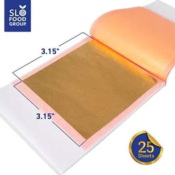 Slofoodgroup 24 Karat Edible Gold Leaf, Firm Transfer Gold Sheets (Hard Press Transfer Sheets) 25 Sheets per Book, 3.15 in. by 3. 15 in. Hard Press Transfer Sheets