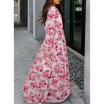 BLENCOT Women's Casual Boho Floral Printed Deep V Neck Loose Long Sleeve Long Evening Dress Ruched C...