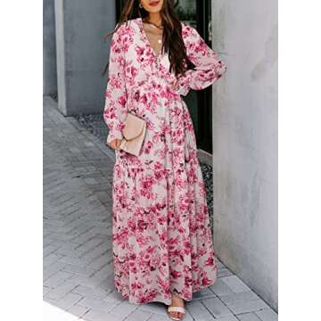 BLENCOT Women's Casual Boho Floral Printed Deep V Neck Loose Long Sleeve Long Evening Dress Ruched Cocktail Party Maxi Wedding Dress Pink Peach Small
