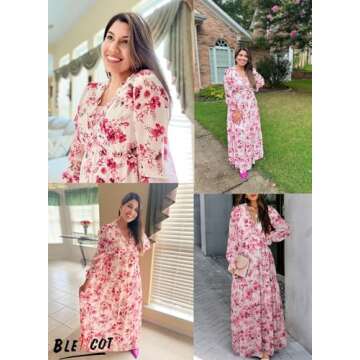 BLENCOT Women's Casual Boho Floral Printed Deep V Neck Loose Long Sleeve Long Evening Dress Ruched Cocktail Party Maxi Wedding Dress Pink Peach Small