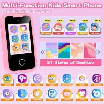 Nikuku Kids Phone for Girls, Christmas Birthday Gift for 3 4 5 6 7 8 9 Year Old, Children Pretend Smart Cellphone Toy with Dual Camera, Touchscreen, Learning Game, Music Player, 8GB Card(Pink)