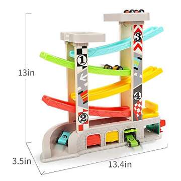 TOP BRIGHT Car Ramp Toy for 2 3 4 Year Old, Toddler Race Track Toys with 4 Wooden Cars and 3 Car Garage Kids Vehicle Playsets Birthday Gift