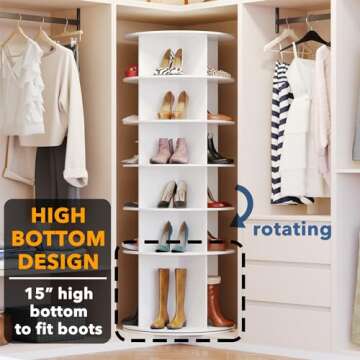SpaceAid Rotating Shoe Rack 6 Tier Organizer, High Bottom Design Shoe Tower Spinning Storage Lazy Susan, Revolving Rack 360, Closet Handbag Display Rotate Organizers (White)