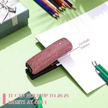 Bling Crystal Stapler Gift Sparkly Diamond Stapler for Desk Handmade Clay Rhinestone Machine Stapler Pretty Office Stationery Kit Stylish Accessory for Women Lady Christmas(Pink)
