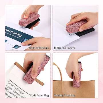 Bling Crystal Stapler Gift Sparkly Diamond Stapler for Desk Handmade Clay Rhinestone Machine Stapler Pretty Office Stationery Kit Stylish Accessory for Women Lady Christmas(Pink)