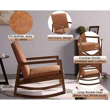 CIMOTA Leather Modern Rocking Chair Mid Century Armchair Upholstered Arm Chair with Padded Seat/Wood Frame, Comfy Rocker for Living Room/Bedroom, Retro Brown PU