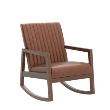 CIMOTA Leather Modern Rocking Chair Mid Century Armchair Upholstered Arm Chair with Padded Seat/Wood Frame, Comfy Rocker for Living Room/Bedroom, Retro Brown PU
