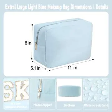YogoRun Large Preppy Stuff Makeup Bag Travel Toiletry Bag for Women Cosmetic Pouch in Water-resistant Nylon with Four Pockets (XL,Light Blue)