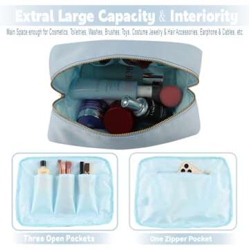 YogoRun Large Preppy Stuff Makeup Bag Travel Toiletry Bag for Women Cosmetic Pouch in Water-resistant Nylon with Four Pockets (XL,Light Blue)