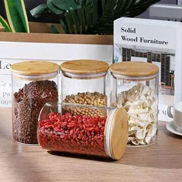 DANALLAN 4 Pack 24OZ Glass Storage Jars with Airtight Bamboo Lid Clear Airtight Storage Containers for Home Kitchen Preserving Seal Storage Grains Seeds Tea Coffee Flour Herbs Beans Salt Sugar