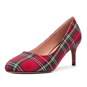 ROSERWISH Women's Round Pump Mid Heel Party Sexy Stiletto Slip On Elegant Pumps Dress Shoes Red Plai...