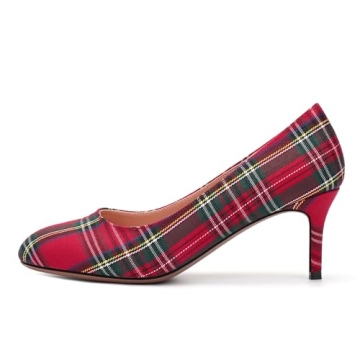 ROSERWISH Women's Round Pump Mid Heel Party Sexy Stiletto Slip On Elegant Pumps Dress Shoes Red Plaid Size 7.5 - Tacones para Mujer