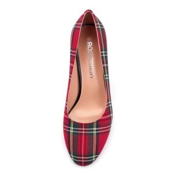 ROSERWISH Women's Round Pump Mid Heel Party Sexy Stiletto Slip On Elegant Pumps Dress Shoes Red Plaid Size 7.5 - Tacones para Mujer