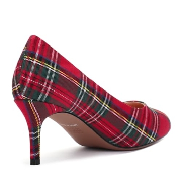 ROSERWISH Women's Round Pump Mid Heel Party Sexy Stiletto Slip On Elegant Pumps Dress Shoes Red Plaid Size 7.5 - Tacones para Mujer