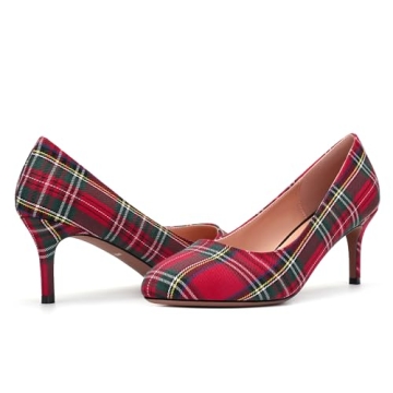 ROSERWISH Women's Round Pump Mid Heel Party Sexy Stiletto Slip On Elegant Pumps Dress Shoes Red Plaid Size 7.5 - Tacones para Mujer