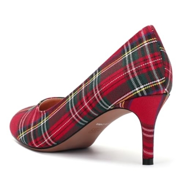 ROSERWISH Women's Round Pump Mid Heel Party Sexy Stiletto Slip On Elegant Pumps Dress Shoes Red Plaid Size 7.5 - Tacones para Mujer