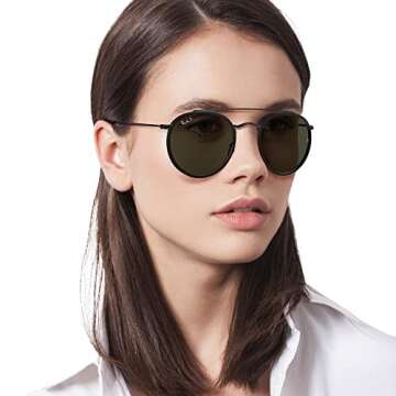 Ray-Ban RB3647N Double Bridge Round Sunglasses, Black/G-15 Green Polarized, 51 mm