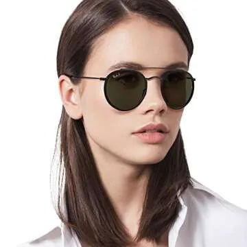 Ray-Ban RB3647N Double Bridge Round Sunglasses, Black/G-15 Green Polarized, 51 mm
