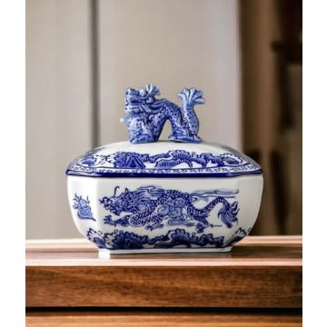 Elegant Blue and White Ceramic Jar with Dragon Lid