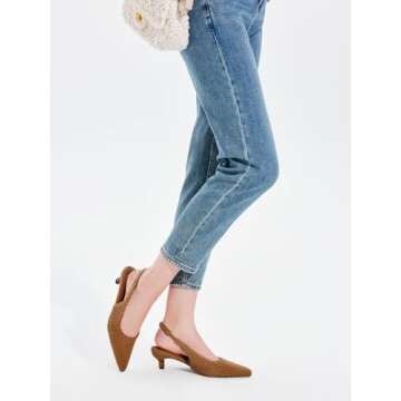 Coutgo Womens Slingback Kitten Low Heels Closed Pointed Toe Fuzzy Curly Fur Slip on Cute Pumps Dress Shoes Brown