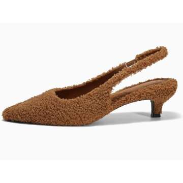 Coutgo Womens Slingback Kitten Low Heels Closed Pointed Toe Fuzzy Curly Fur Slip on Cute Pumps Dress Shoes Brown