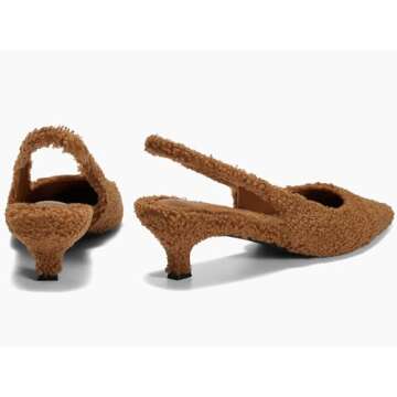 Coutgo Womens Slingback Kitten Low Heels Closed Pointed Toe Fuzzy Curly Fur Slip on Cute Pumps Dress Shoes Brown