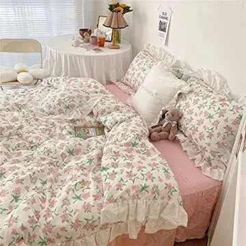 VM VOUGEMARKET Pink Flower Duvet Cover Set Queen Ruffle Lace Girls Bedding Set,100% Cotton Princess Style Duvet Cover with Zipper Closure,Romantic &Elegant-Queen,Lace Pink