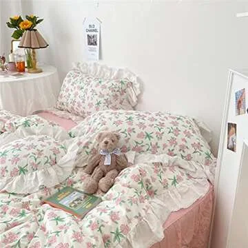 VM VOUGEMARKET Pink Flower Duvet Cover Set Queen Ruffle Lace Girls Bedding Set,100% Cotton Princess Style Duvet Cover with Zipper Closure,Romantic &Elegant-Queen,Lace Pink
