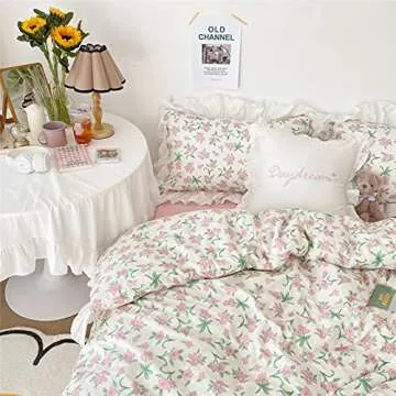 VM VOUGEMARKET Pink Flower Duvet Cover Set Queen Ruffle Lace Girls Bedding Set,100% Cotton Princess Style Duvet Cover with Zipper Closure,Romantic &Elegant-Queen,Lace Pink