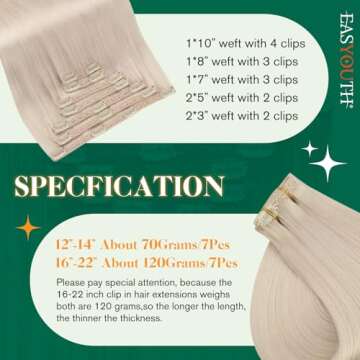 Easyouth Blonde Hair Extensions Real Human Hair Clip in Hair Extensions White Blonde Human Hair Extensions Clip ins Remy Straight Hair for Women Hair Extensions Clip ins 20 Inch 7 Pcs 120G
