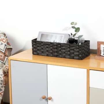 Bidtakay Long Narrow Wicker Baskets Toilet Paper Basket for Shelves 2-Pack Waterproof Imitation Small Wicker Storage Bins for Washroom Closet Blackish-tan