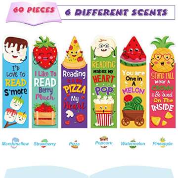 Epakh 60 Pcs Scented Bookmarks for Kids Bulk Scratch and Sniff Bookmarks Fruit Food Theme Bookmarks with Sayings End of Year Gifts Strawberry Watermelon Pizza Popcorn for Class Reader Student Teens