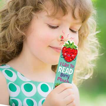 Epakh 60 Pcs Scented Bookmarks for Kids Bulk Scratch and Sniff Bookmarks Fruit Food Theme Bookmarks with Sayings End of Year Gifts Strawberry Watermelon Pizza Popcorn for Class Reader Student Teens