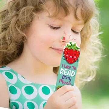 Epakh 60 Pcs Scented Bookmarks for Kids Bulk Scratch and Sniff Bookmarks Fruit Food Theme Bookmarks with Sayings End of Year Gifts Strawberry Watermelon Pizza Popcorn for Class Reader Student Teens