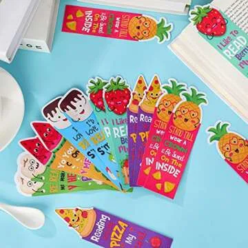 Epakh 60 Pcs Scented Bookmarks for Kids Bulk Scratch and Sniff Bookmarks Fruit Food Theme Bookmarks with Sayings End of Year Gifts Strawberry Watermelon Pizza Popcorn for Class Reader Student Teens