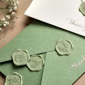 UNIQOOO Wax Seal Stickers - Eucalyptus Wedding Invitation Envelope Seal Stickers, 50 Pcs Self- Adhesive Sage Green Stickers, Perfect for Invitation, Christmas, Gift Wrapping